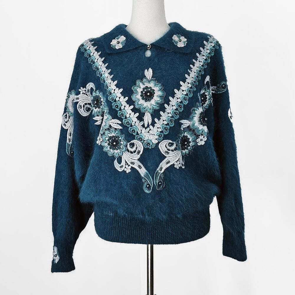 Vintage M/L Teal Embroidered Fuzzy Angora Blend Sweater with Floral Appliqué
